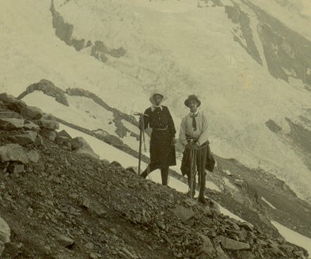Dorothy and Edward Theomin climbing companion at the Haast Ridge Bivouac, March 1913, photographer: Jack Lippe